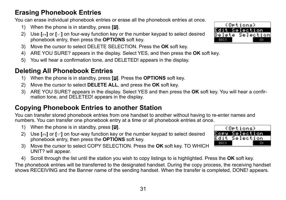 Erasing.phonebook.entries, Deleting.all.phonebook.entries, Copying.phonebook.entries.to.another.station | Uniden TWX977 User Manual | Page 32 / 68