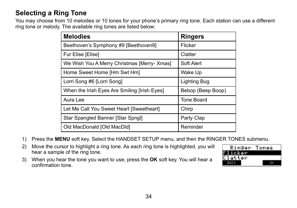 Selecting.a.ring.tone, Melodies ringers | Uniden TWX977 User Manual | Page 35 / 68