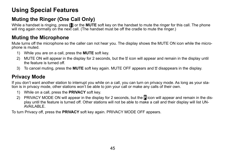 Using.special.features, Muting.the.ringer.(one.call.only), Muting.the.microphone | Privacy.mode | Uniden TWX977 User Manual | Page 46 / 68