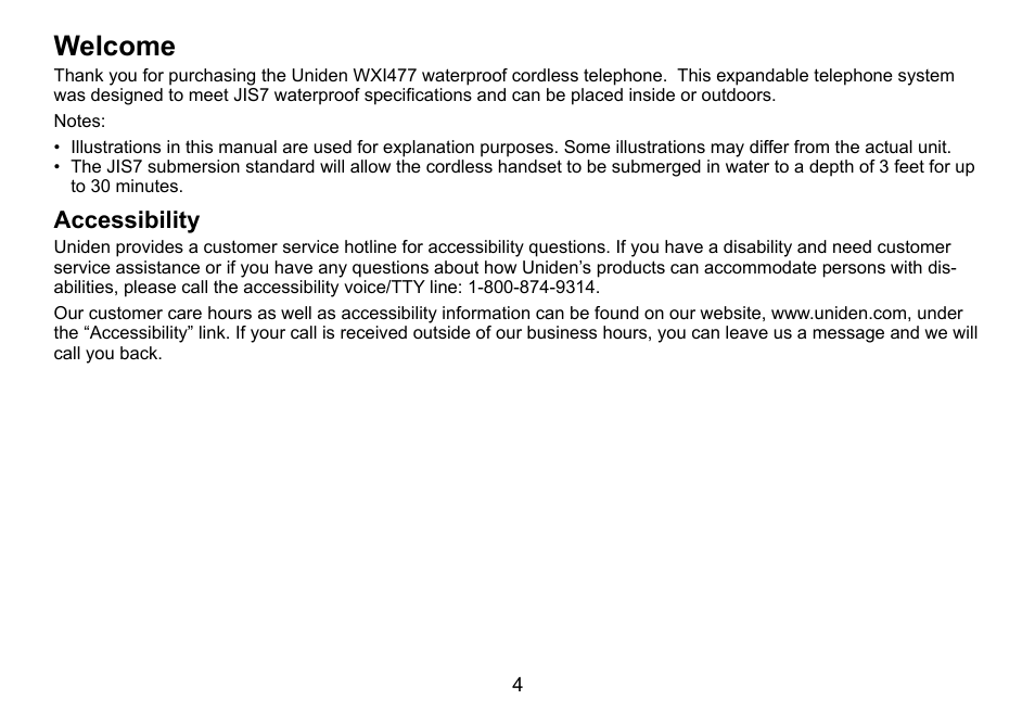 Welcome, Accessibility | Uniden TWX977 User Manual | Page 5 / 68