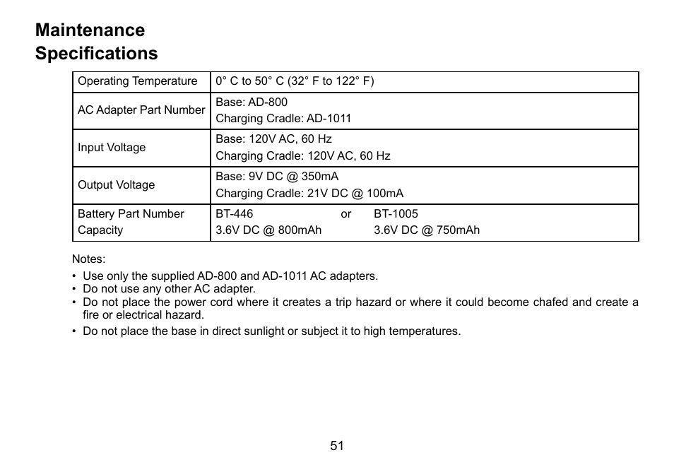 Maintenance specifications | Uniden TWX977 User Manual | Page 52 / 68