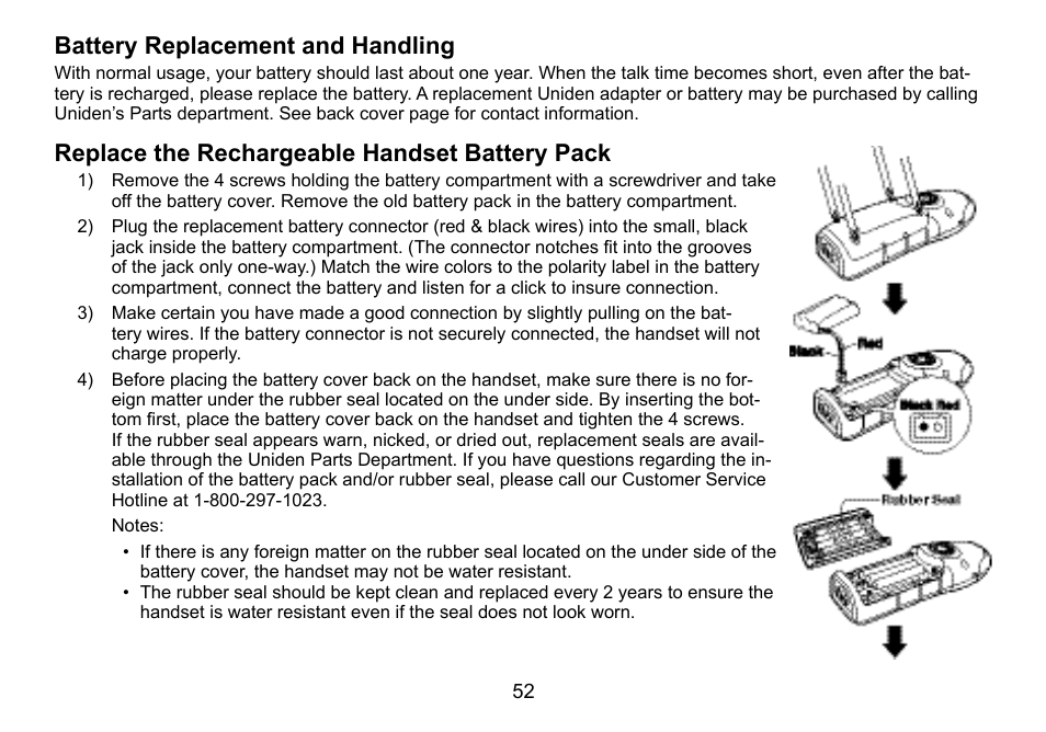 Battery.replacement.and.handling, Replace.the.rechargeable.handset.battery.pack | Uniden TWX977 User Manual | Page 53 / 68