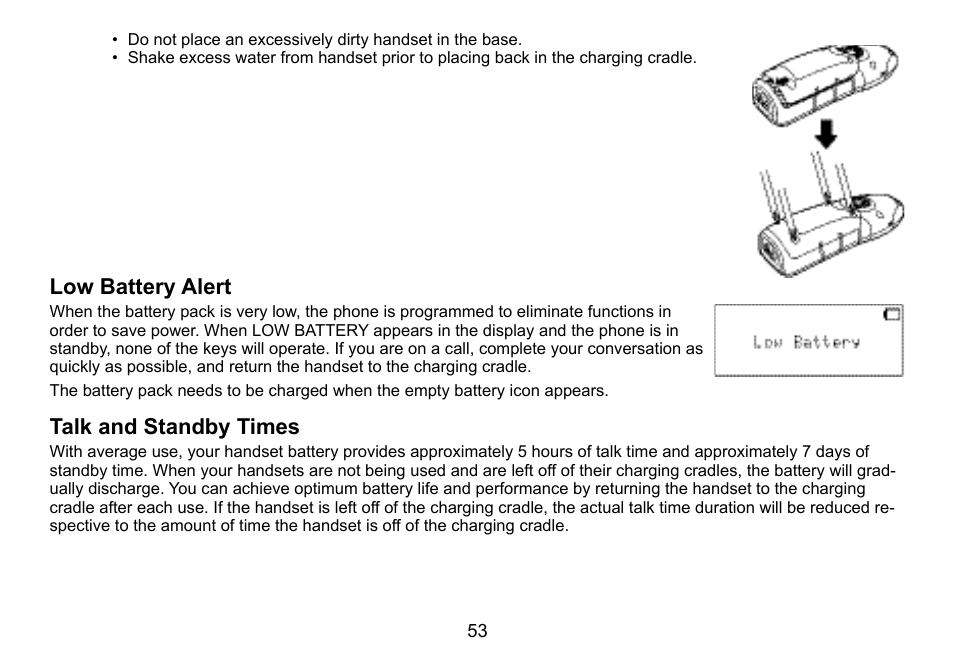 Low.battery.alert, Talk.and.standby.times | Uniden TWX977 User Manual | Page 54 / 68