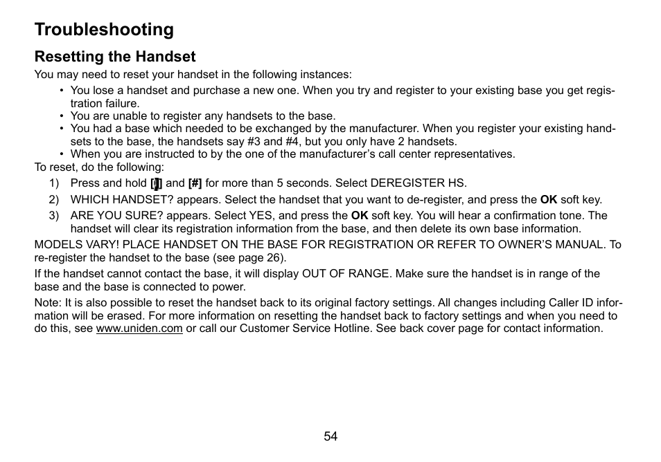 Troubleshooting, Resetting.the.handset | Uniden TWX977 User Manual | Page 55 / 68
