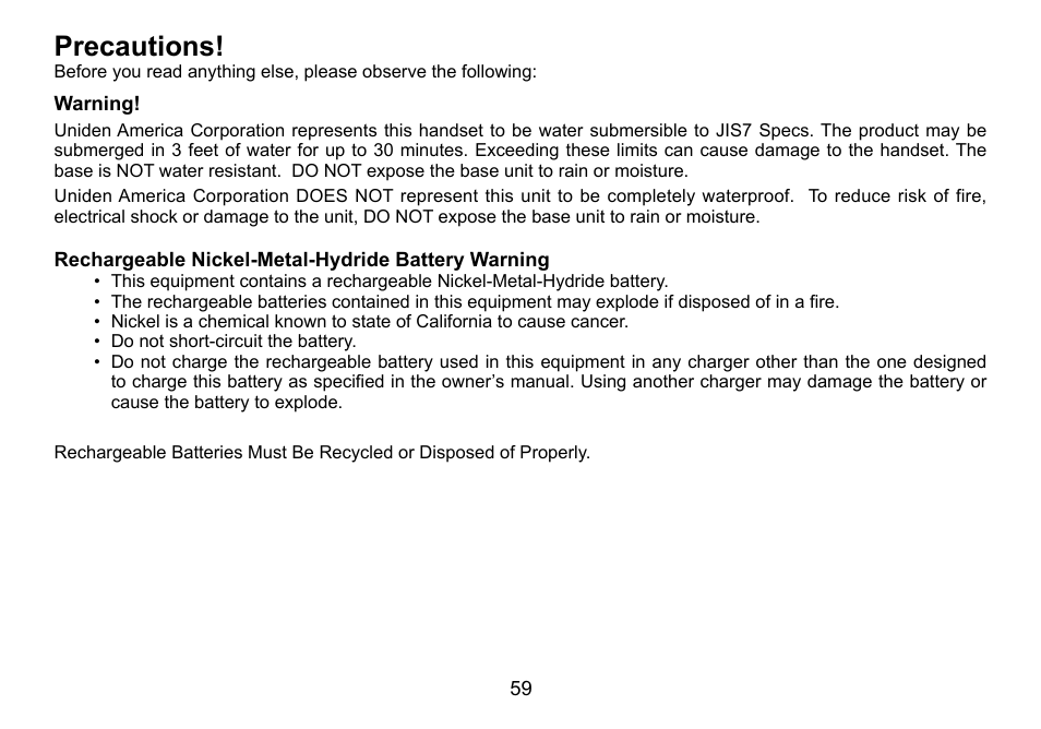 Precautions | Uniden TWX977 User Manual | Page 60 / 68