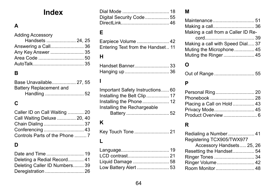 Index | Uniden TWX977 User Manual | Page 65 / 68