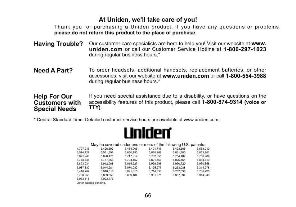 At.uniden,.we’ll.take.care.of.you, Having.trouble, Need.a.part | Help.for.our. customers.with. special.needs, Or.call.our.customer.service.hotline.at, During.regular.business.hours, Or.call, Voice.or. tty) | Uniden TWX977 User Manual | Page 67 / 68