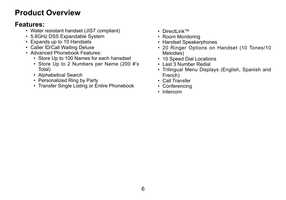 Product.overview, Features | Uniden TWX977 User Manual | Page 7 / 68