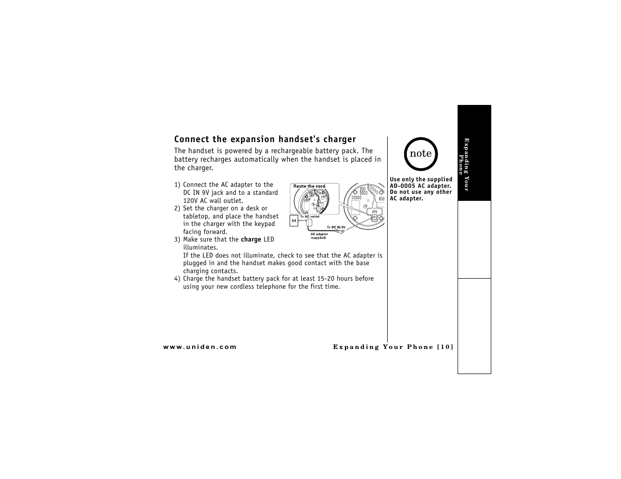 Connect the expansion handset's charger | Uniden DMX 776 User Manual | Page 11 / 84