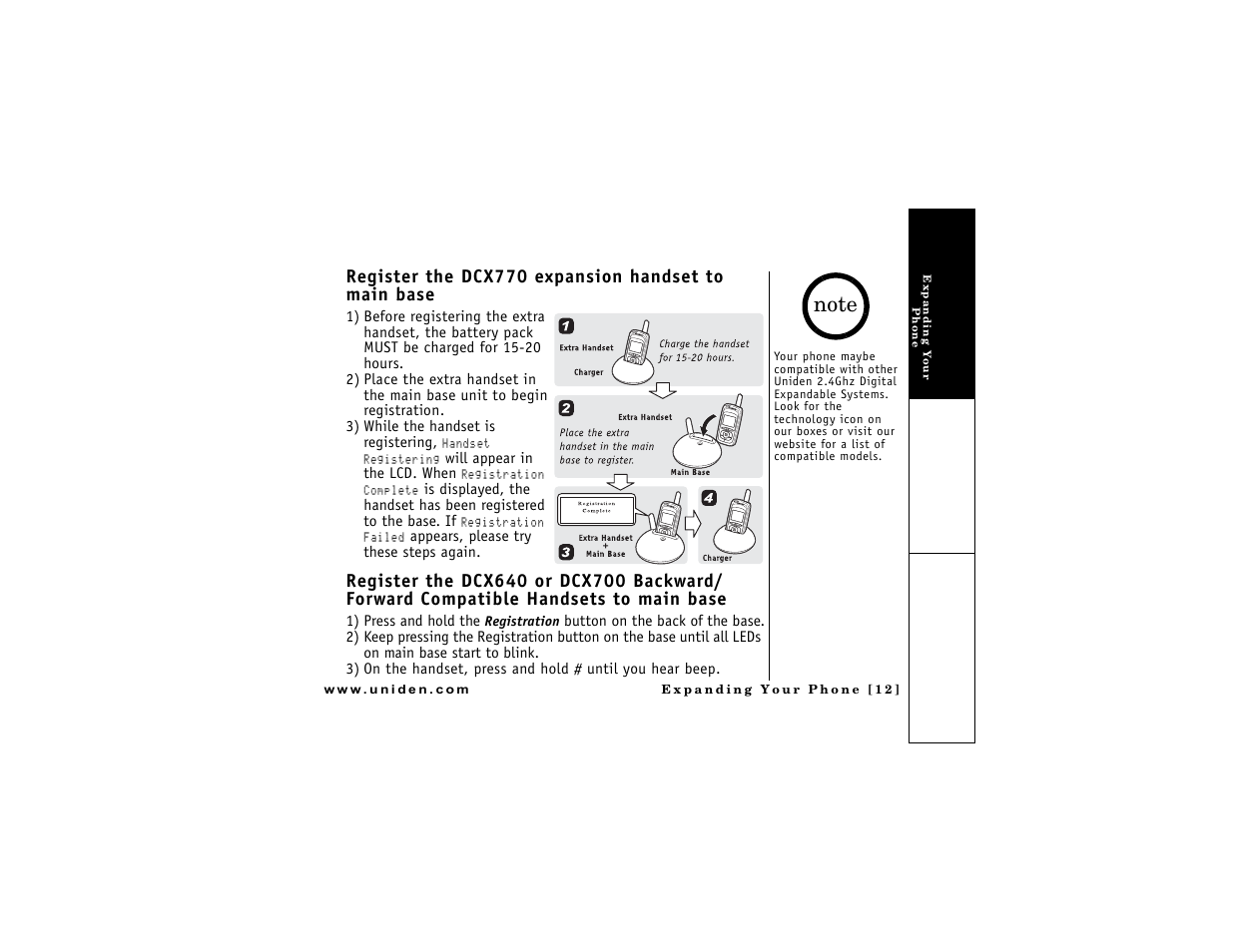 Register the dcx770 expansion handset to main base | Uniden DMX 776 User Manual | Page 13 / 84