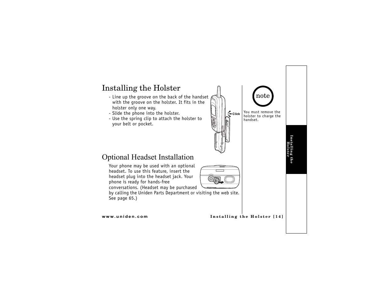 Installing the holster, Optional headset installation | Uniden DMX 776 User Manual | Page 15 / 84