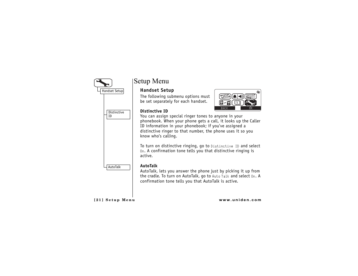 Setup menu, Handset setup | Uniden DMX 776 User Manual | Page 22 / 84