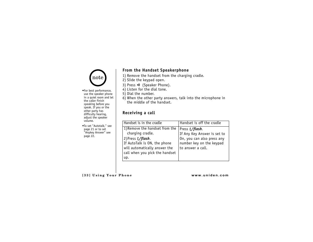 From the handset speakerphone, Receiving a call | Uniden DMX 776 User Manual | Page 34 / 84