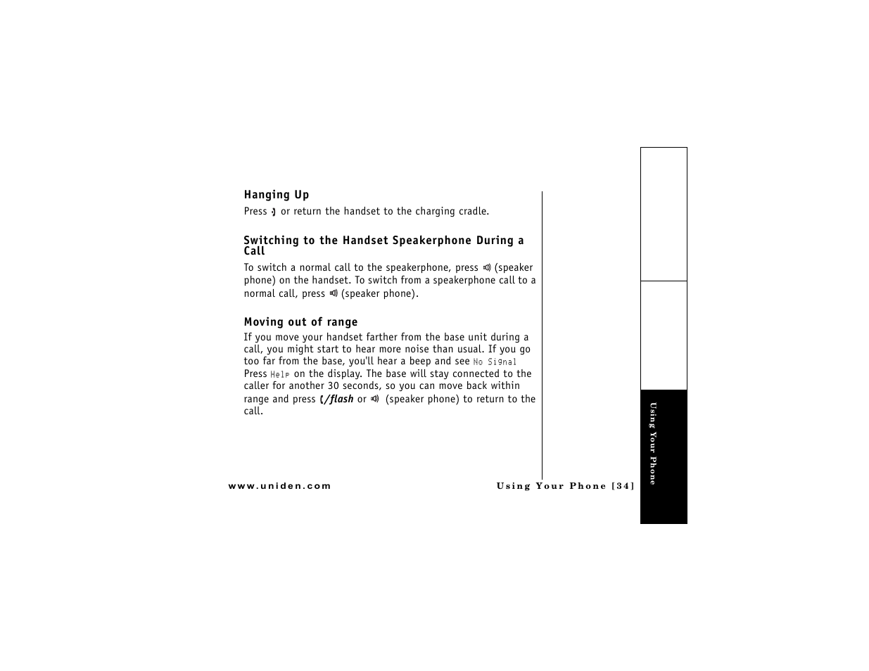 Hanging up, Moving out of range, P. 34) | E) (p. 34) | Uniden DMX 776 User Manual | Page 35 / 84