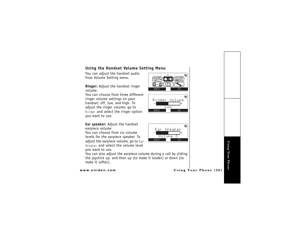 Using the handset volume setting menu | Uniden DMX 776 User Manual | Page 39 / 84