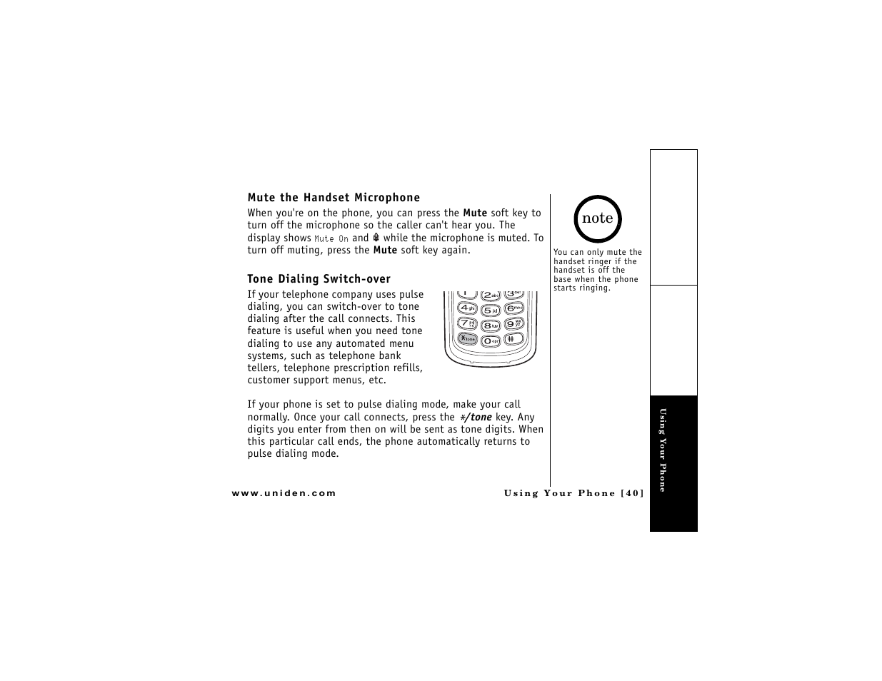 Mute the handset microphone, Tone dialing switch-over, P. 40 & 56) | Earpiece | Uniden DMX 776 User Manual | Page 41 / 84