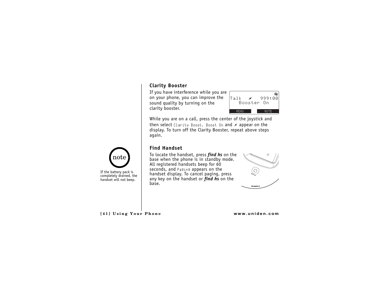 Clarity booster, Find handset | Uniden DMX 776 User Manual | Page 42 / 84