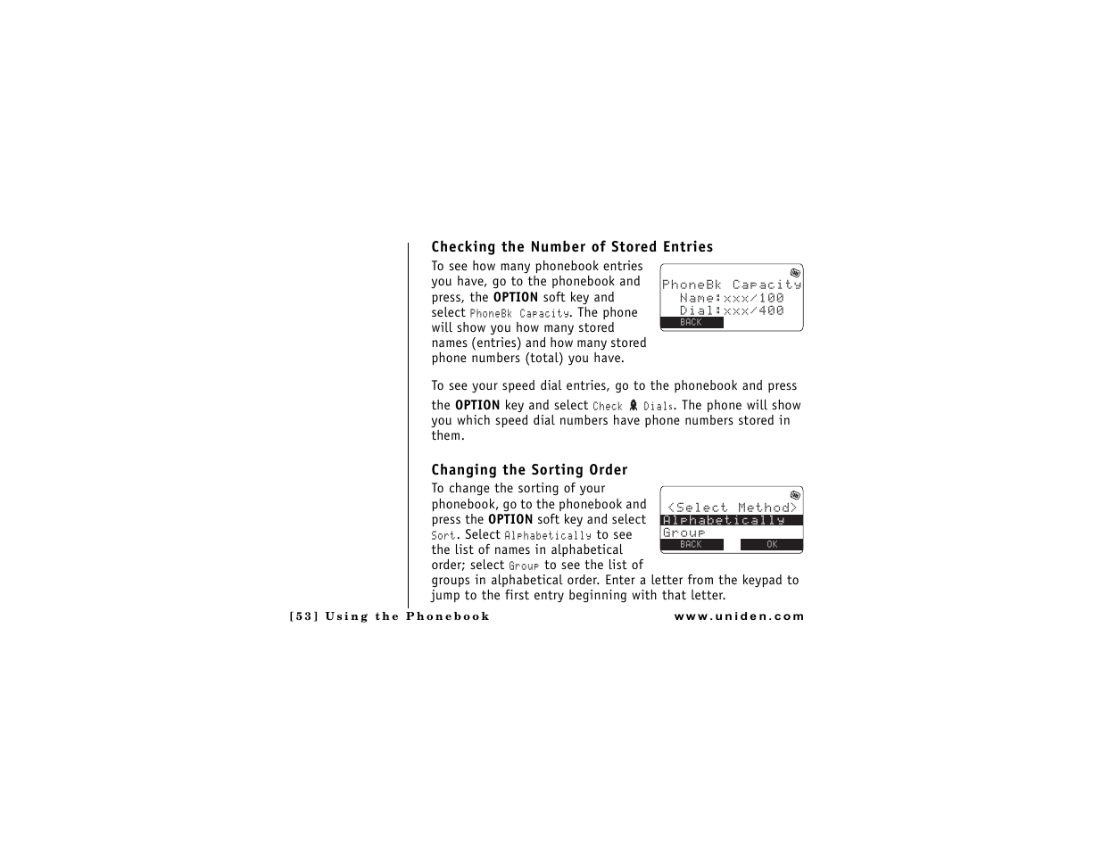 Checking the number of stored entries, Changing the sorting order | Uniden DMX 776 User Manual | Page 54 / 84