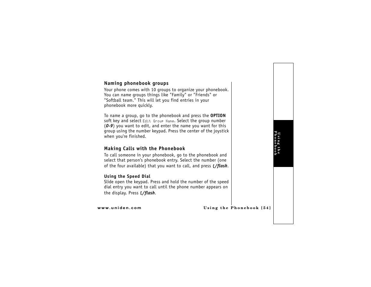 Naming phonebook groups, Making calls with the phonebook | Uniden DMX 776 User Manual | Page 55 / 84