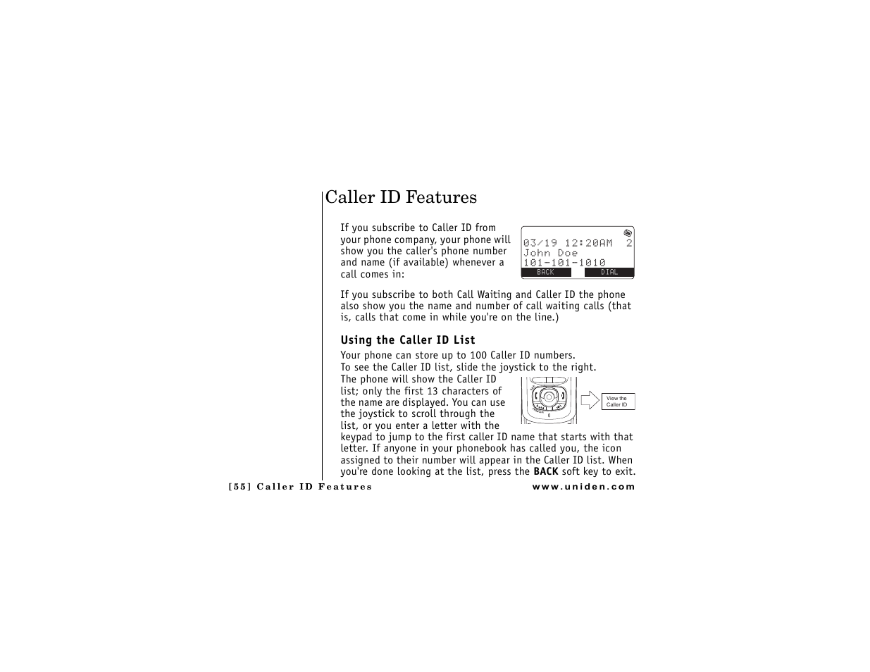 Caller id features, Using the caller id list | Uniden DMX 776 User Manual | Page 56 / 84