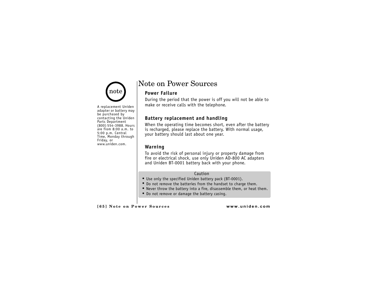 Note on power sources, Power failure, Battery replacement and handling | Warning | Uniden DMX 776 User Manual | Page 66 / 84