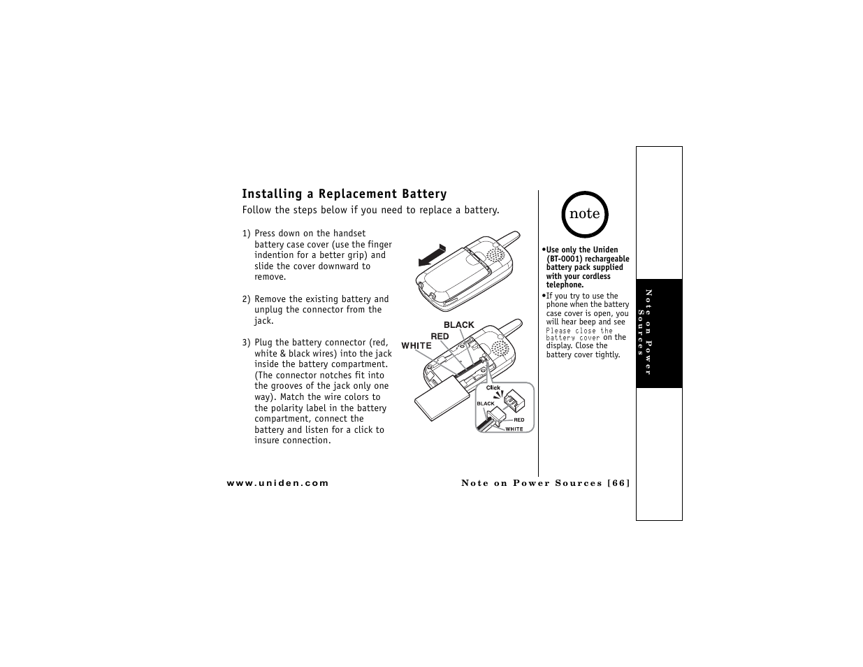 Installing a replacement battery | Uniden DMX 776 User Manual | Page 67 / 84