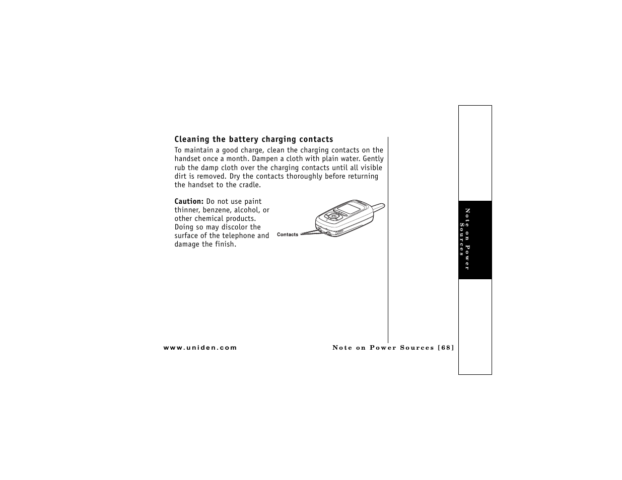 Cleaning the battery charging contacts | Uniden DMX 776 User Manual | Page 69 / 84