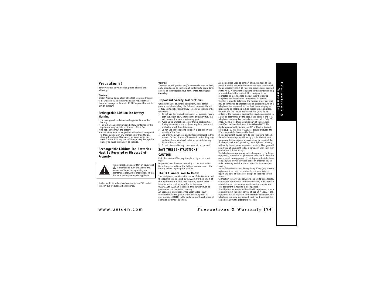 Precautions | Uniden DMX 776 User Manual | Page 75 / 84