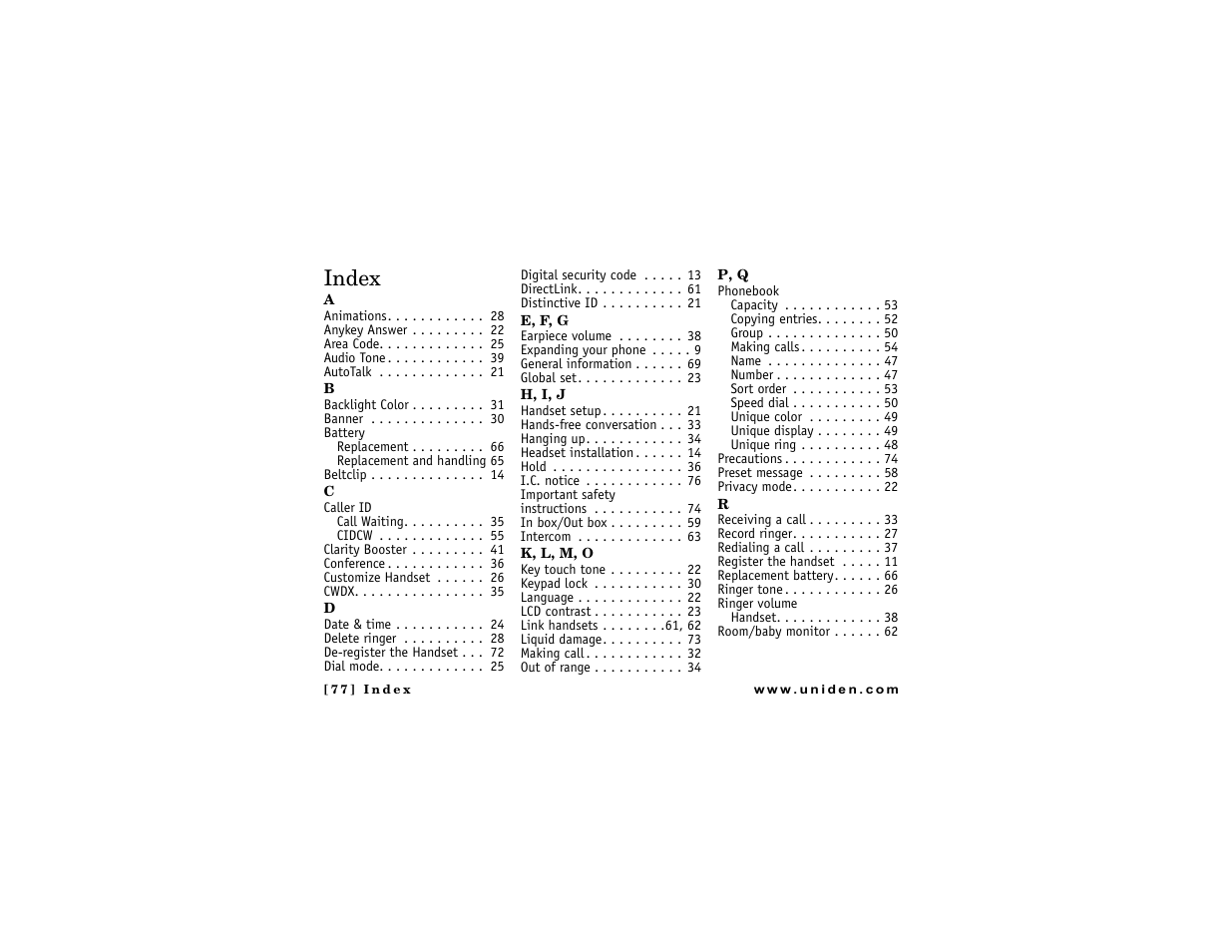 Index | Uniden DMX 776 User Manual | Page 78 / 84