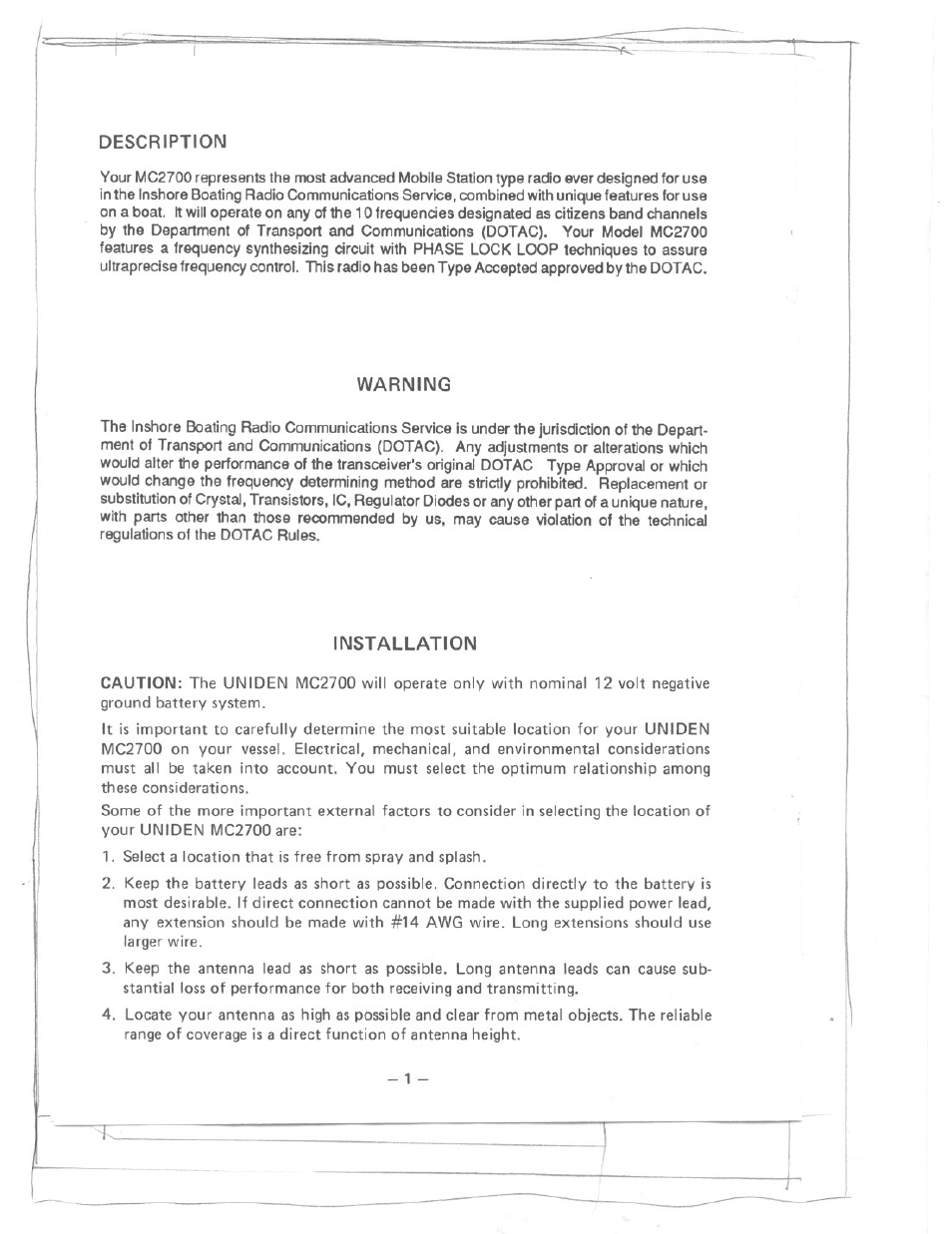 Description, Warning, Installation | Uniden SEA-DOLPHIN MC2700 User Manual | Page 2 / 8