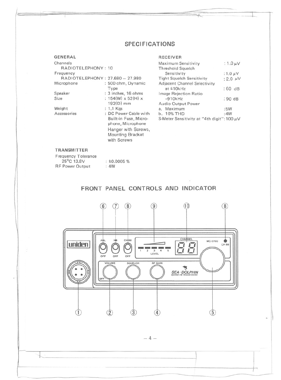 Specifications, Front panel controls and indicator | Uniden SEA-DOLPHIN MC2700 User Manual | Page 5 / 8