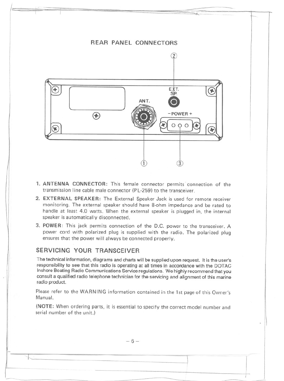 Rear panel connectors, Servicing your transceiver | Uniden SEA-DOLPHIN MC2700 User Manual | Page 7 / 8