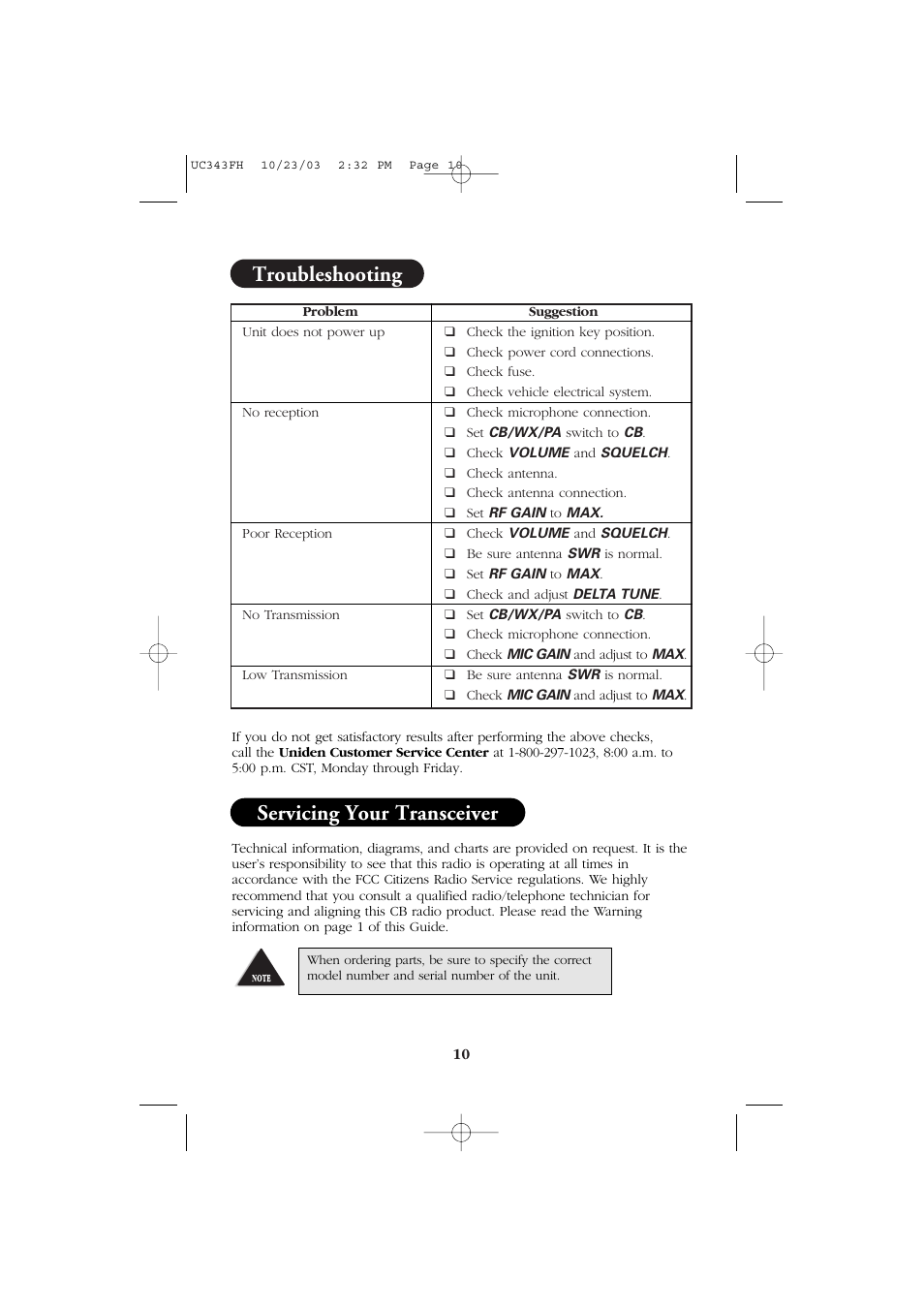 Troubleshooting servicing your transceiver | Uniden ELITE PC78 User Manual | Page 12 / 16