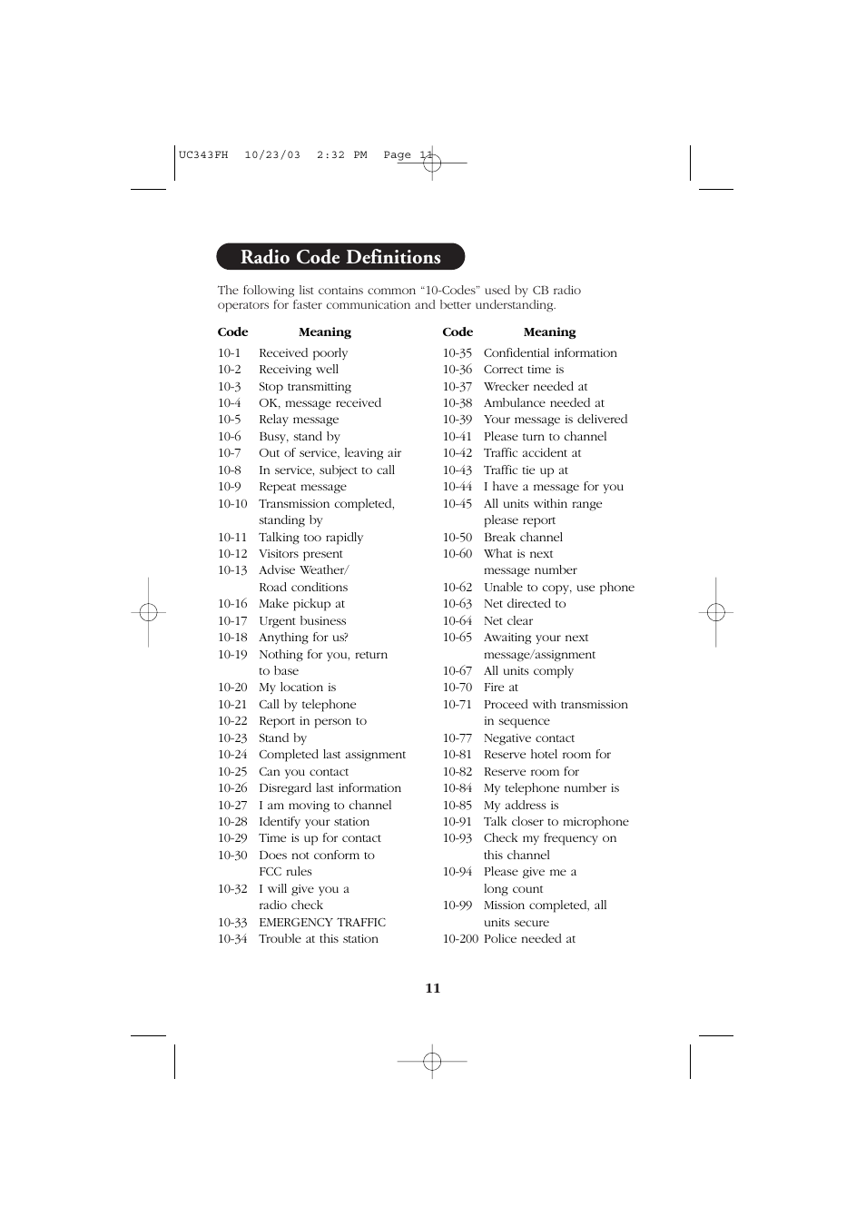 Radio code definitions | Uniden ELITE PC78 User Manual | Page 13 / 16