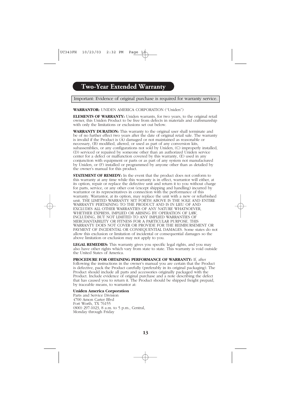 Two-year extended warranty | Uniden ELITE PC78 User Manual | Page 15 / 16