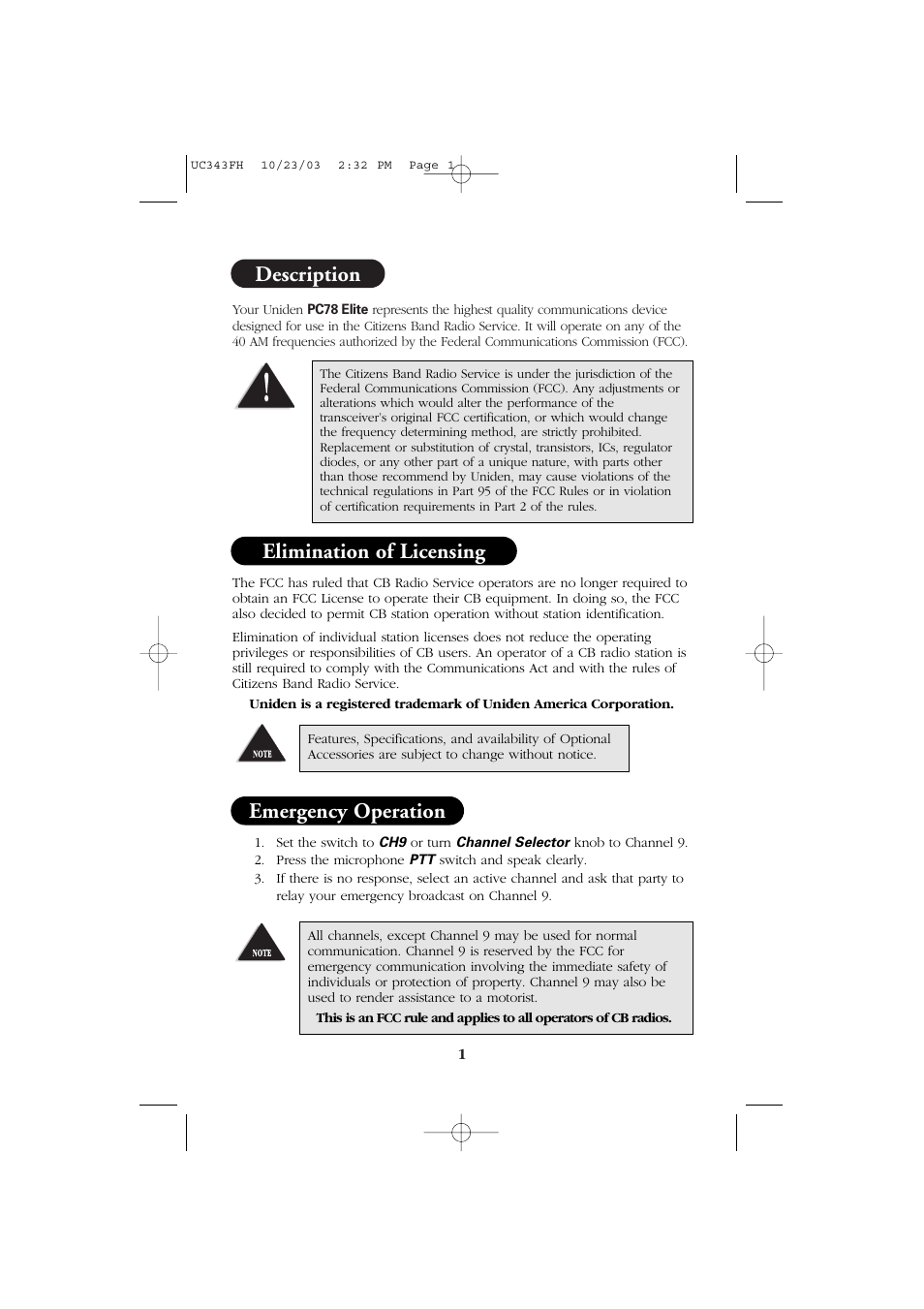 Description, Elimination of licensing emergency operation | Uniden ELITE PC78 User Manual | Page 3 / 16