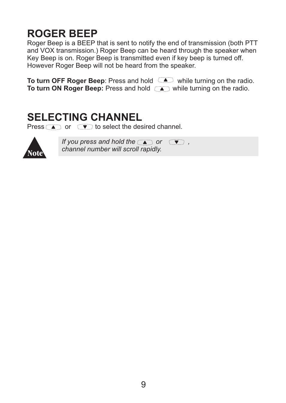 Roger beep, Selecting channel | Uniden Handheld UHF Transceiver UH076SX User Manual | Page 11 / 28