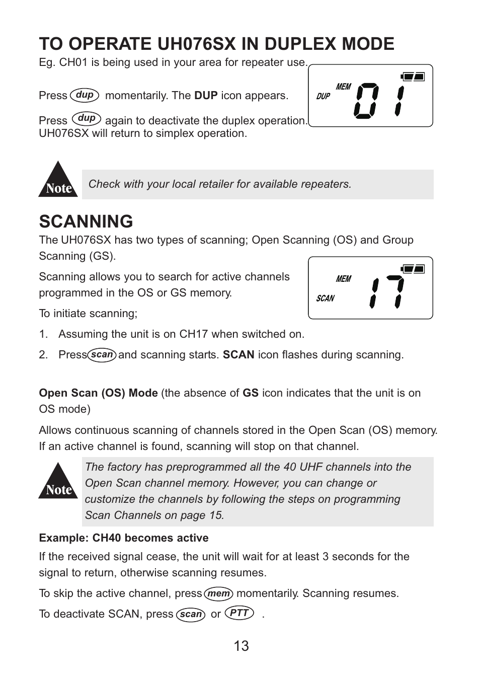 Scanning | Uniden Handheld UHF Transceiver UH076SX User Manual | Page 15 / 28