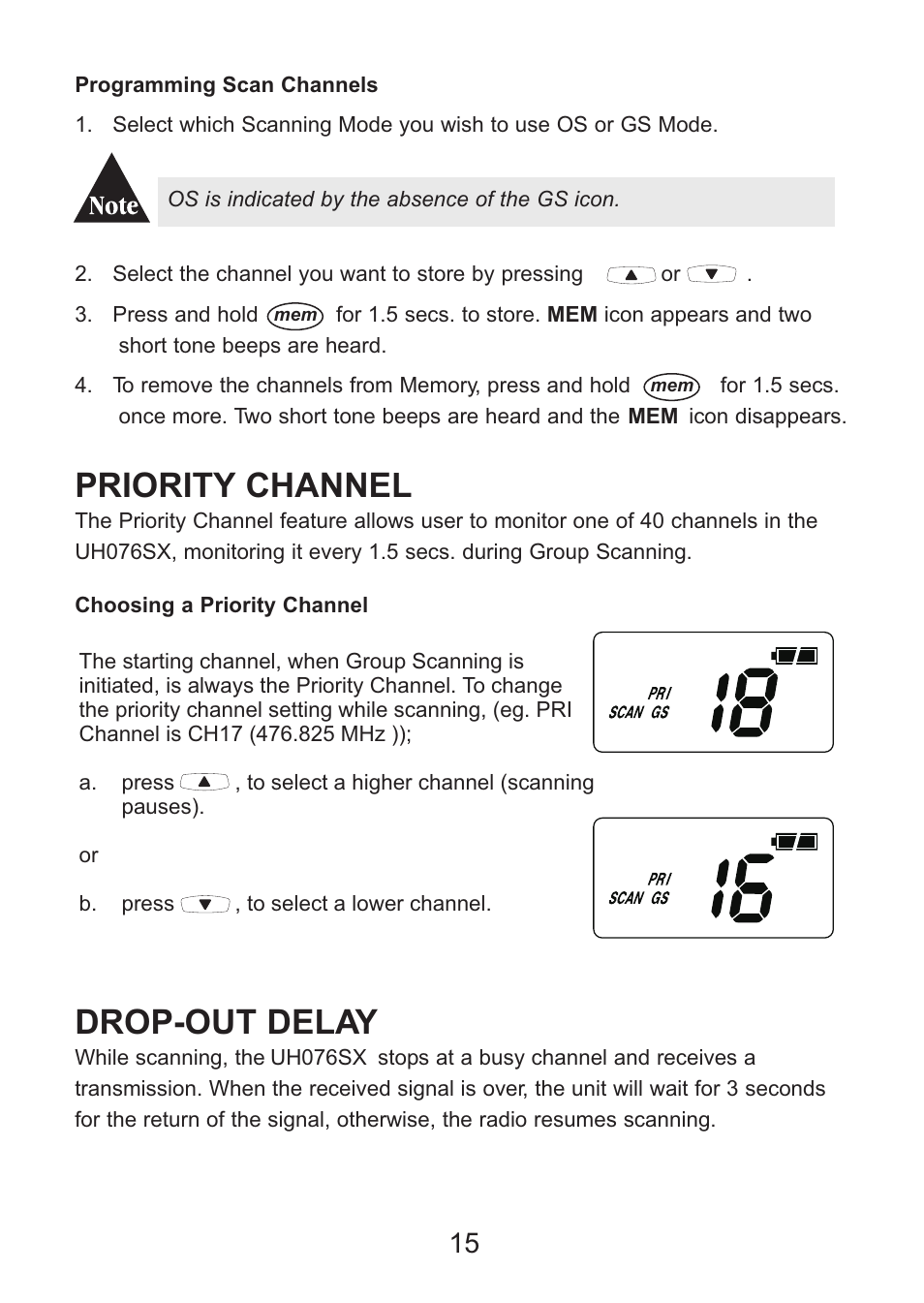 Priority channel, Drop-out delay | Uniden Handheld UHF Transceiver UH076SX User Manual | Page 17 / 28