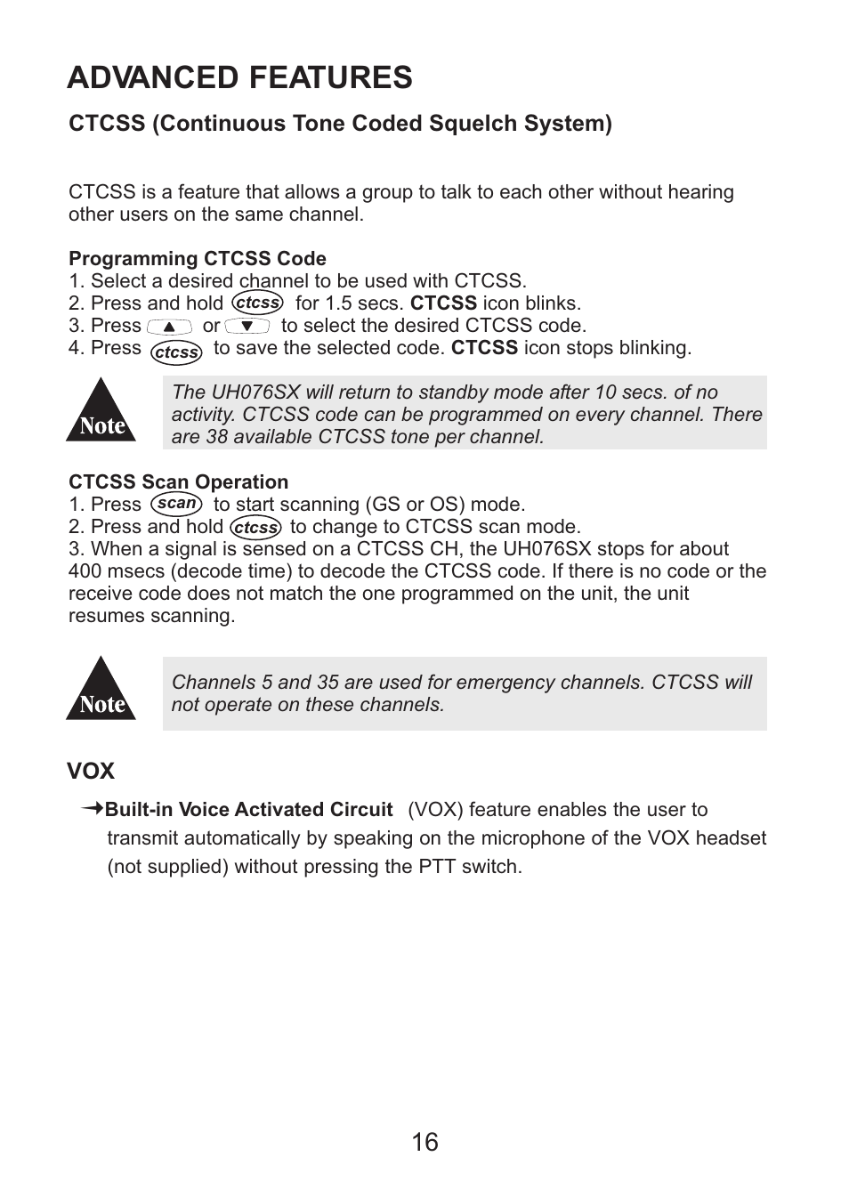 Advanced features | Uniden Handheld UHF Transceiver UH076SX User Manual | Page 18 / 28