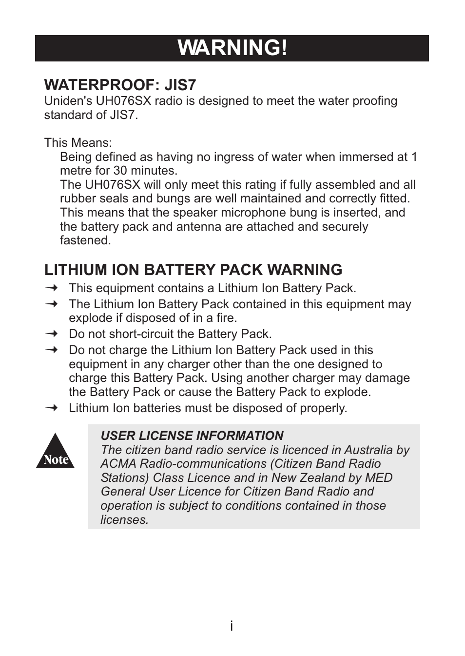 Warning | Uniden Handheld UHF Transceiver UH076SX User Manual | Page 2 / 28