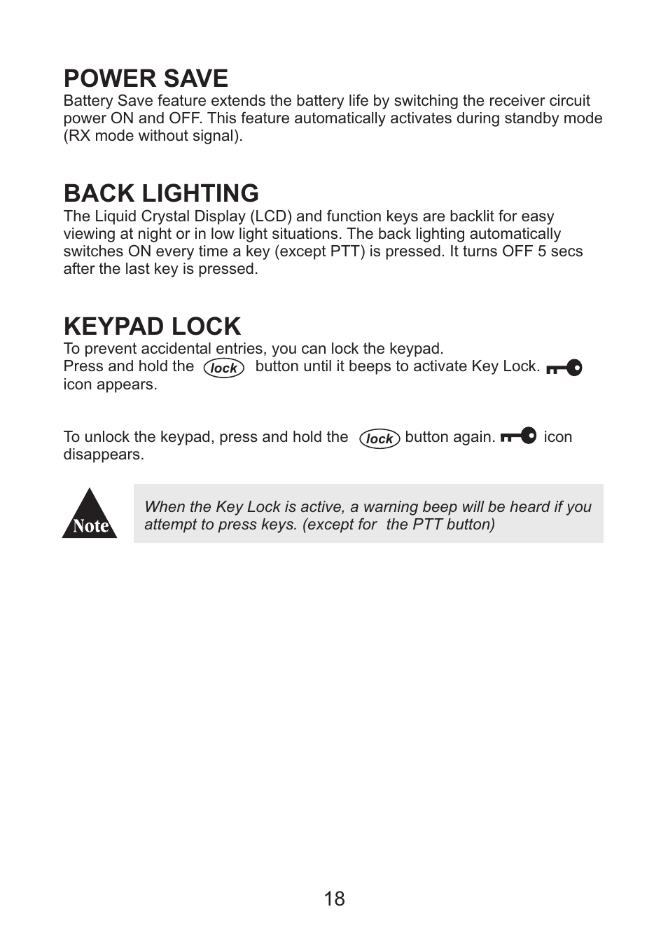 Power save, Back lighting, Keypad lock | Uniden Handheld UHF Transceiver UH076SX User Manual | Page 20 / 28