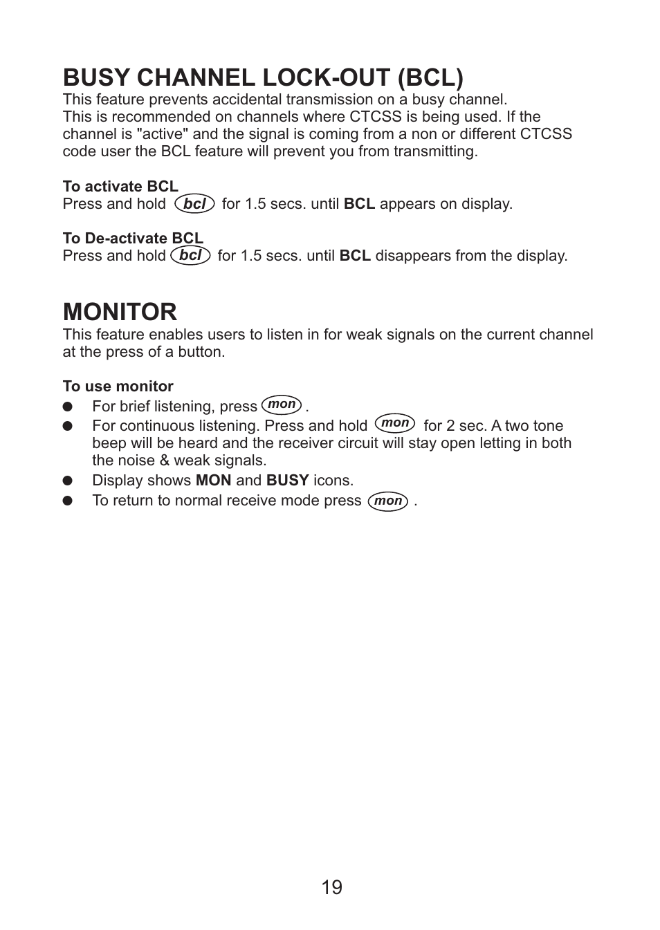 Busy channel lock-out (bcl), Monitor | Uniden Handheld UHF Transceiver UH076SX User Manual | Page 21 / 28