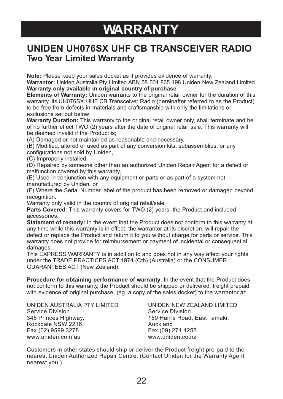 Warranty, Uniden uh076sx uhf cb transceiver radio, Two year limited warranty | Uniden Handheld UHF Transceiver UH076SX User Manual | Page 24 / 28