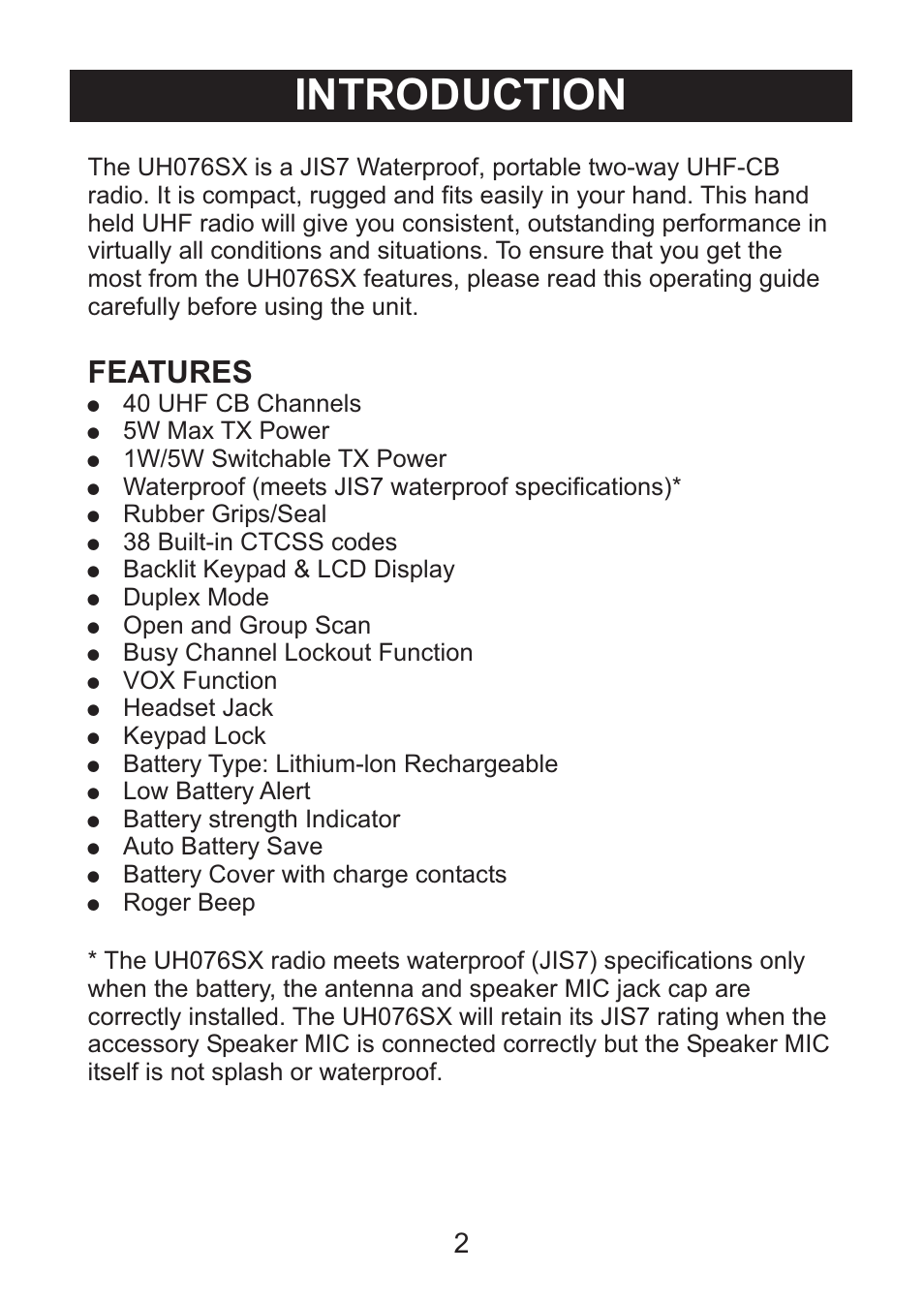 Introduction | Uniden Handheld UHF Transceiver UH076SX User Manual | Page 4 / 28