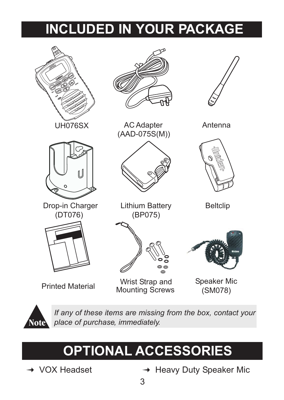 Included in your package, Optional accessories, M vox headset | M heavy duty speaker mic | Uniden Handheld UHF Transceiver UH076SX User Manual | Page 5 / 28