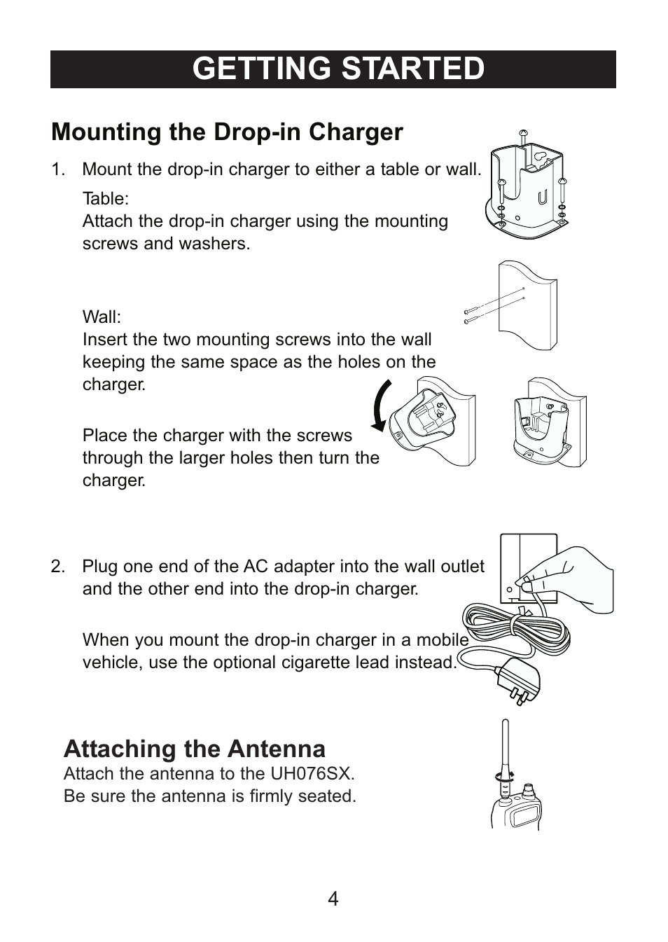 Getting started, Attaching the antenna, Mounting the drop-in charger | Uniden Handheld UHF Transceiver UH076SX User Manual | Page 6 / 28