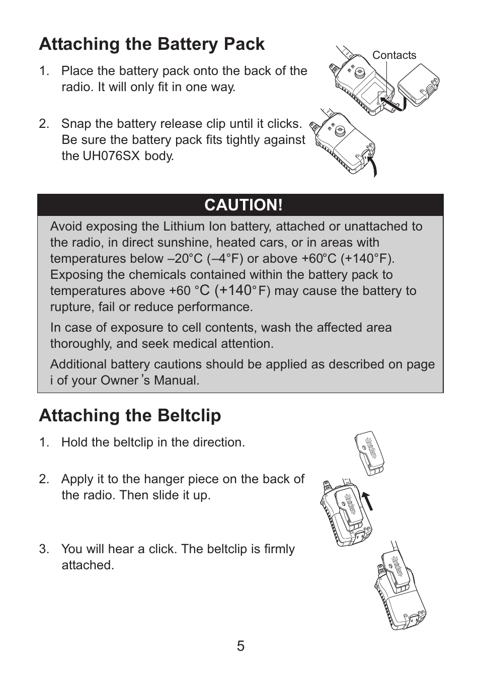 Attaching the battery pack, Attaching the beltclip, Caution | Uniden Handheld UHF Transceiver UH076SX User Manual | Page 7 / 28