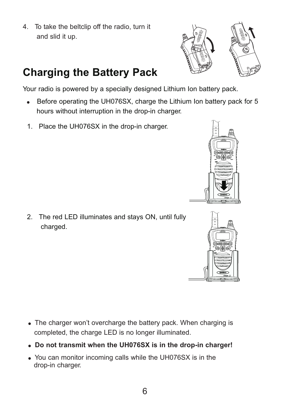 Charging the battery pack | Uniden Handheld UHF Transceiver UH076SX User Manual | Page 8 / 28