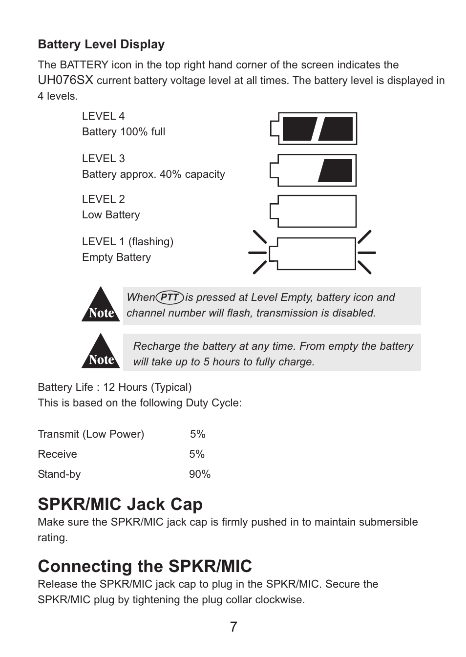 Spkr/mic jack cap, Connecting the spkr/mic | Uniden Handheld UHF Transceiver UH076SX User Manual | Page 9 / 28